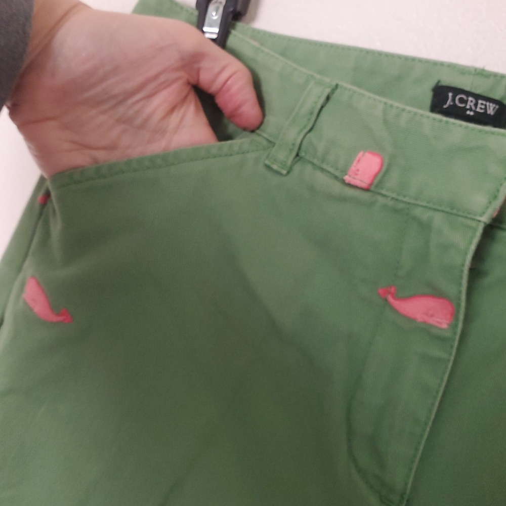 J Crew Vintage Whale Chino Crop Pants Favorite Fit Green Cotton Pink Embroidery - Picture 8 of 13